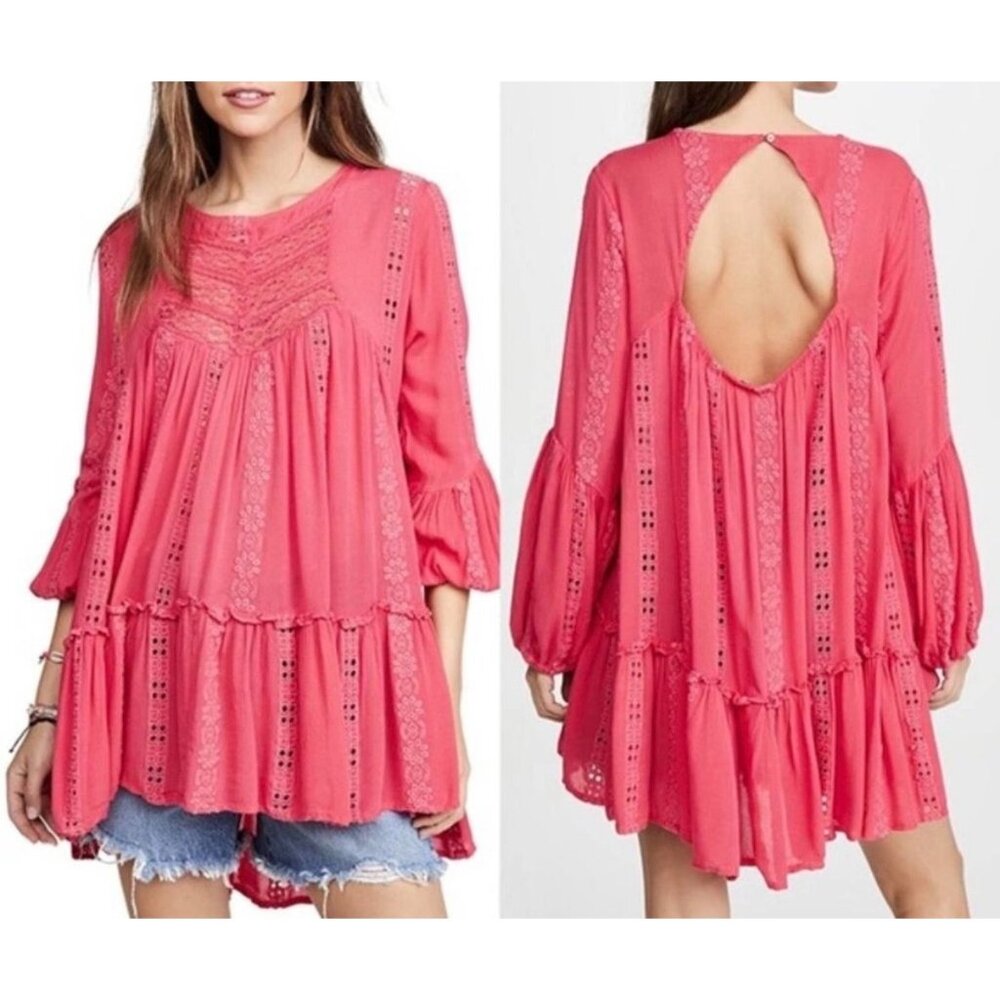 Free People Sweetest Dream Tunic Top Dress Size Medium Boho Lace Long Sleeve